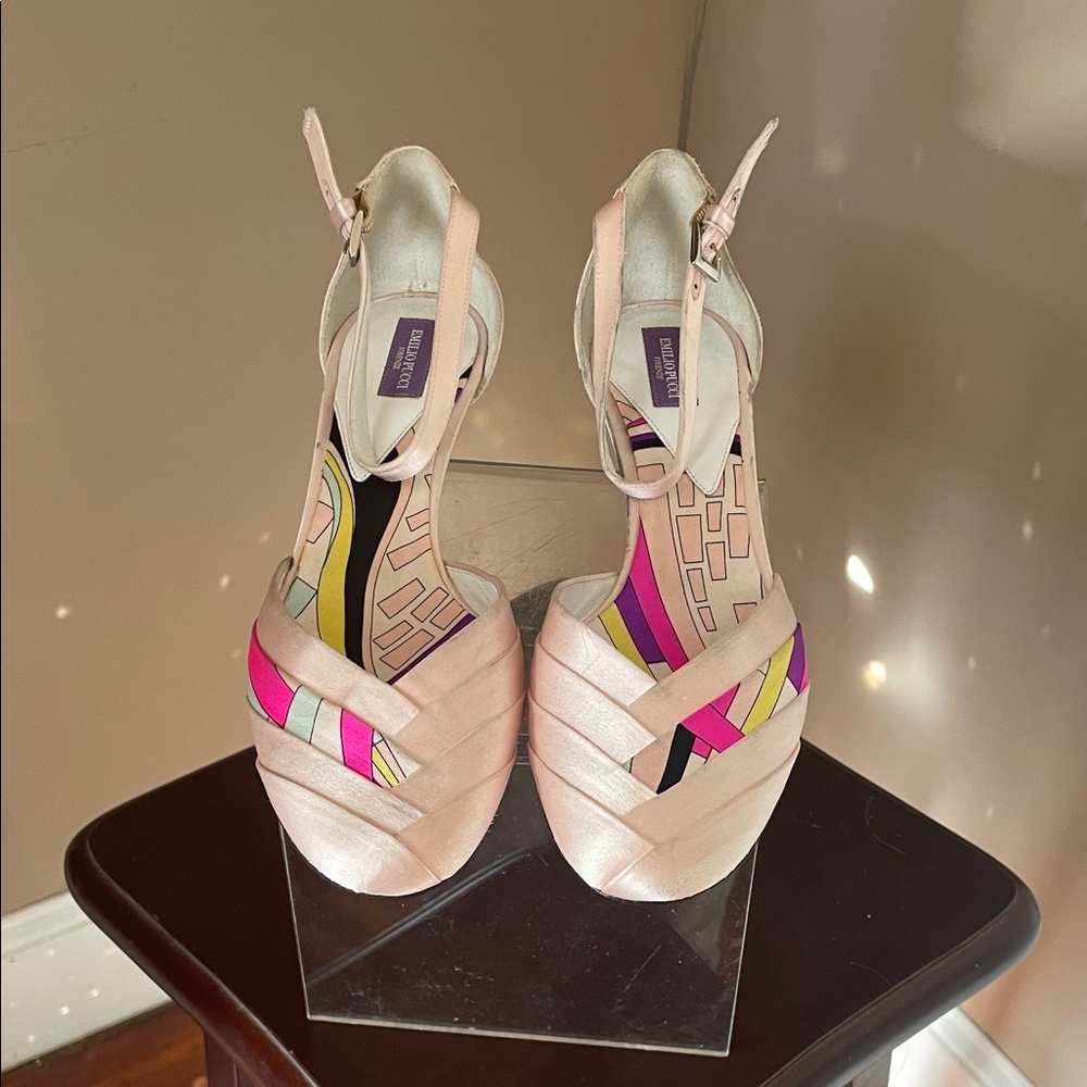 Emilio Pucci Blush Pink Satin Ankle-Strap Heels with Multicolor Insole